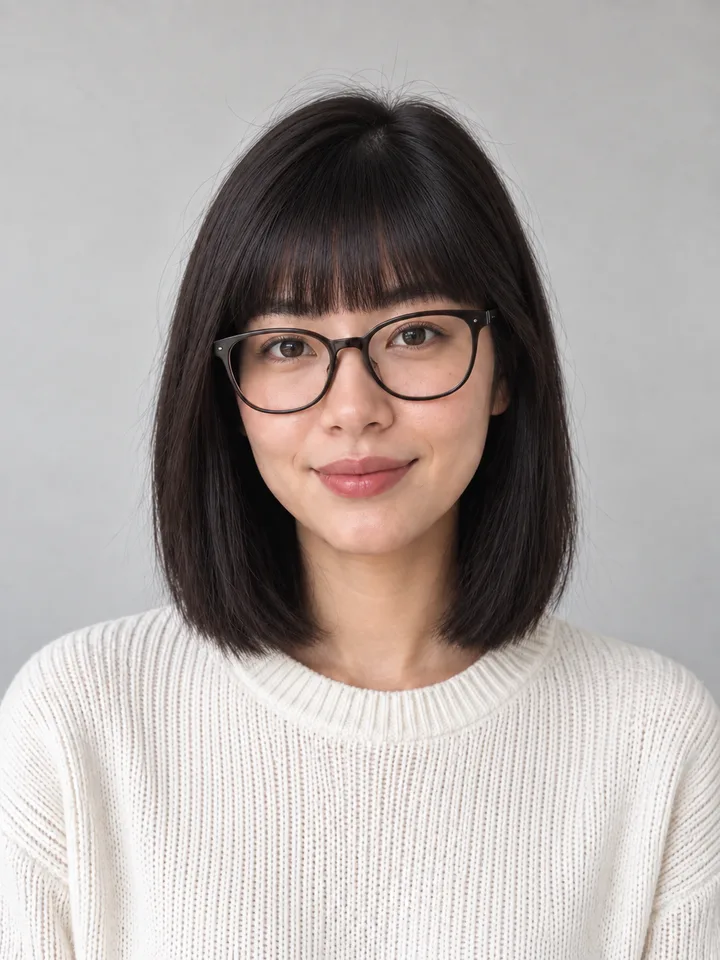 AI-generated editorial illustration: A straight fringe with a clearly defined forehead frame.