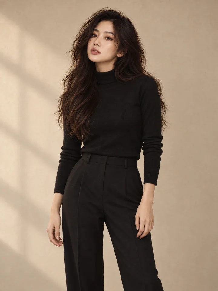 AI-generated editorial illustration: A dark, restrained outfit built around one color family.