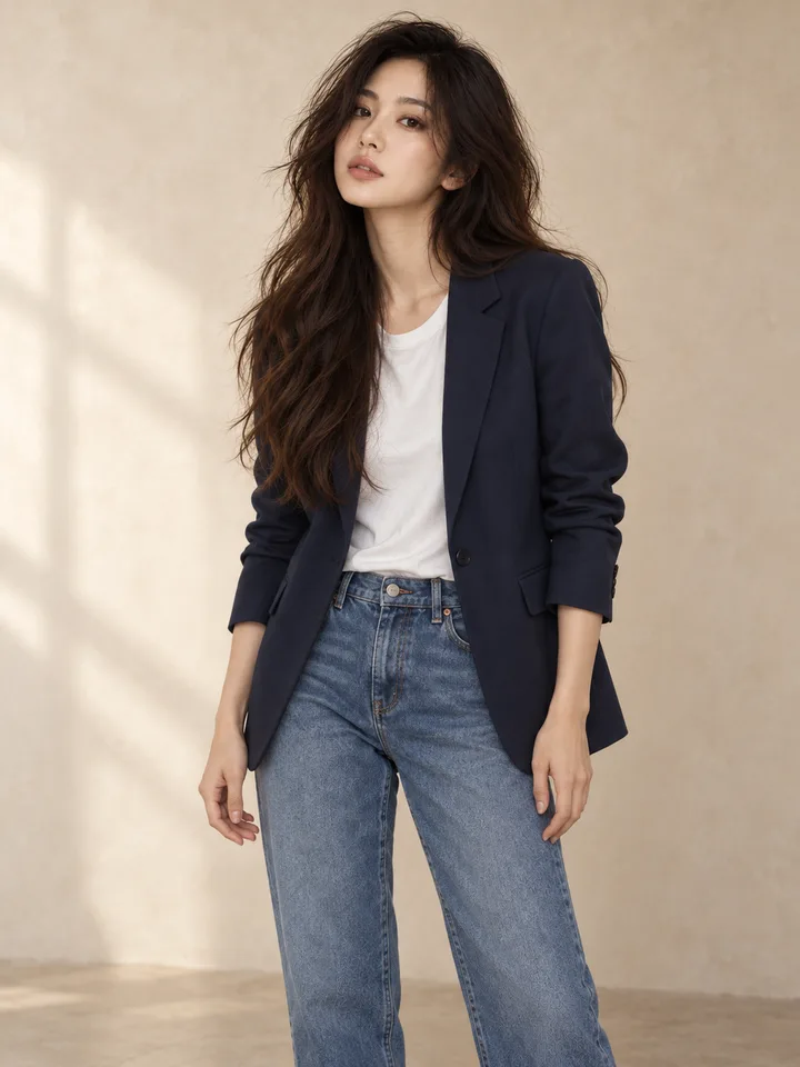 AI-generated editorial illustration: A relaxed navy jacket, white top and straightforward denim.