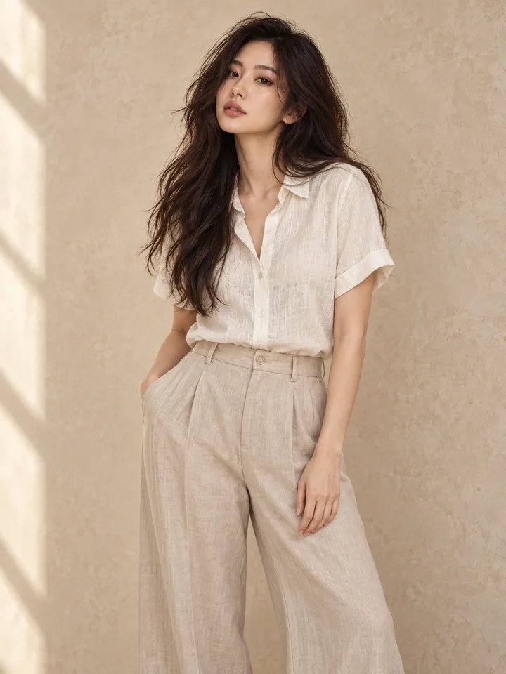 AI-generated editorial illustration: An airy cream shirt with relaxed, sand-colored trousers.